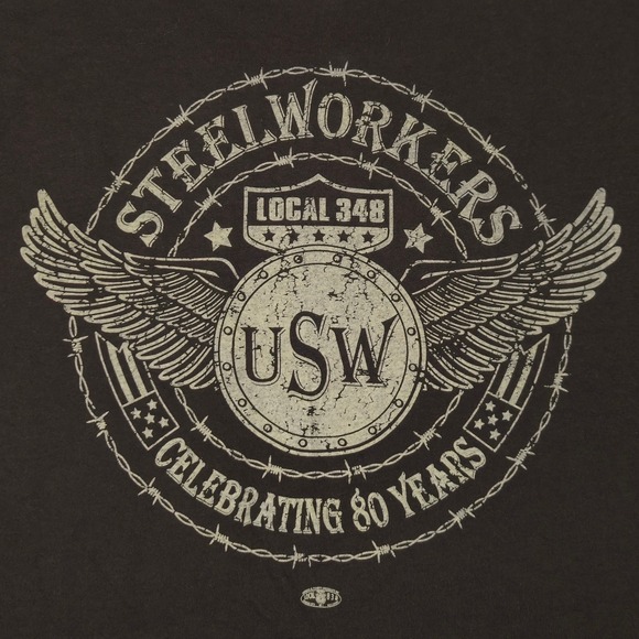 Vintage Style Industrial Grunge Tee USW Steelworkers Bayside USA Made L Brown - Picture 7 of 8